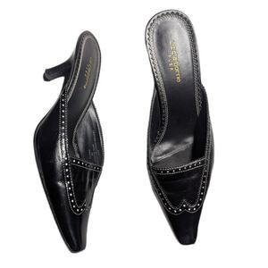 Vtg Y2K Liz Claiborne Black Leather Pointed Toe Wingtip Kitten Heel Mules Sz 7
